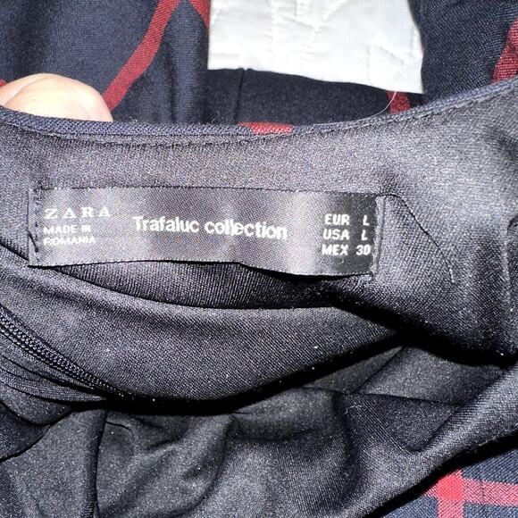 ZARA TRAFALUC Mini Dress Plaid Ruffle Shift Navy Blue Red Womens LG Long Sleeve - Picture 7 of 9